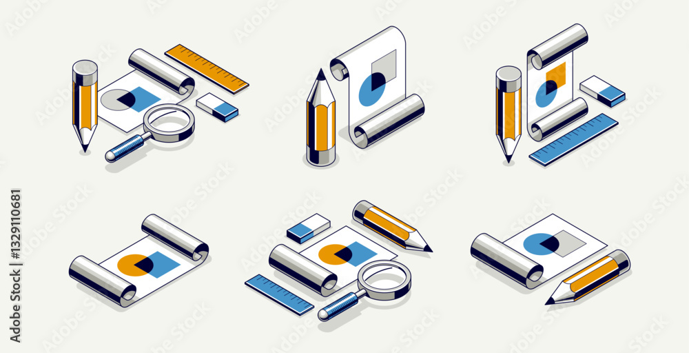 Poster engineering project concept, paper document blueprint with pencil engineer work job vector 3d isomet