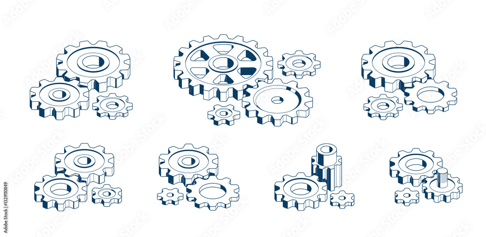 Poster mechanical engineering concept set, gears and cogs composition isometric 3d vector illustration, cog