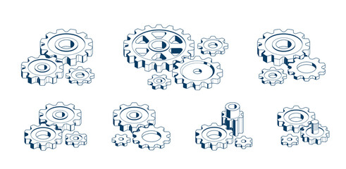 Mechanical engineering concept set, gears and cogs composition isometric 3D vector illustration, cogwheels system technology and technics machinery engine.