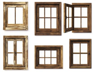 Various wooden window designs showcasing rustic styles