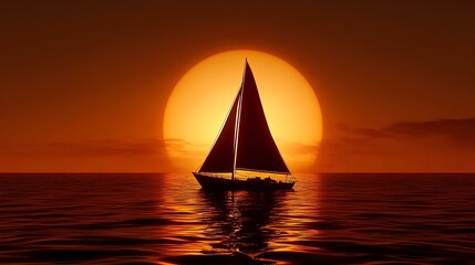 A lone sailboat on the horizon, silhouetted against the setting sun 