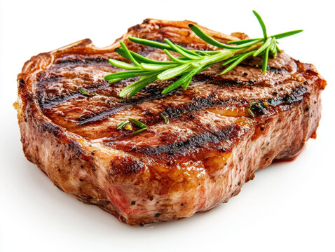 Juicy grilled steak garnished with fresh rosemary sprig