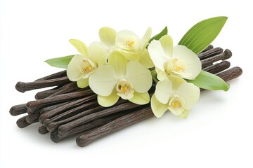Fototapeta premium Fresh vanilla pods and yellow orchids arranged beautifully