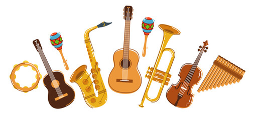 Naklejka premium Latin music band salsa vector flat illustration isolated over white background, live sound festival concert or night dancing party, Brazil or Cuban musical fiesta theme.