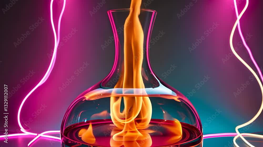 Poster glass decanter with vibrant flames inside and neon light trails in the background creating a futuris