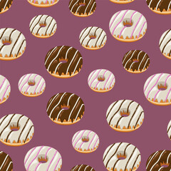 Food pattern design . Donuts background. Seamless pattern with donuts.  Donut pattern for fabric, wrapping paper, packaging, coffee and bakery shops. Hand Drawn illustration.