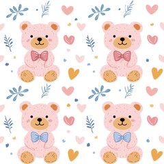 Fototapeta premium Adorable Pink Teddy Bears Seamless Pattern with Hearts and Leaves