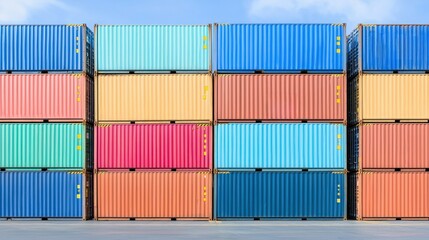 Fototapeta premium Import Tariffs economy costs concept. Colorful shipping containers stacked together in a port setting.