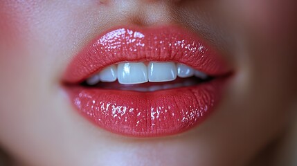 Obraz premium Glossy pink lips, showcasing lip augmentation and cosmetology effects, emphasize natural beauty, healthy aesthetics, and the importance of dental care for a radiant smile.