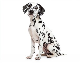Dalmatian dog sitting gracefully against a white background