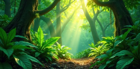 Sun-drenched jungle floor, giant ferns, dripping leaves , wet, August, canopy