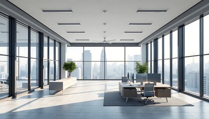 Fototapeta premium Modern Open Space Office Large Windows A City View