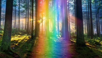 Obraz premium A forest bathed in soft chakra-colored light beams, filtering through the trees, evoking spirituality and inner peace. 