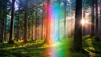 Naklejka premium A forest bathed in soft chakra-colored light beams, filtering through the trees, evoking spirituality and inner peace. 