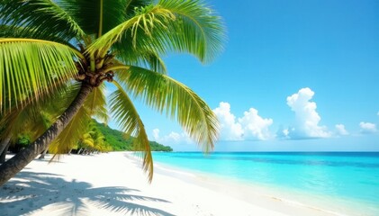 Fototapeta premium Sun-drenched palm fronds sway over pristine white sand beach and azure sea , luxury travel, palms
