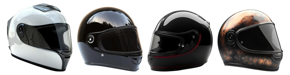 Fototapeta premium Various Motorcycle Helmets in Different Colors and Designs, Isolated on Transparent Background