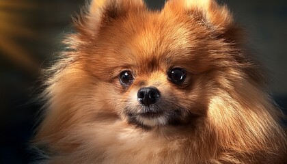 A fluffy Pomeranian with unruly fur, staring adorably at the camera with a cheeky look, full of charm and personality.

