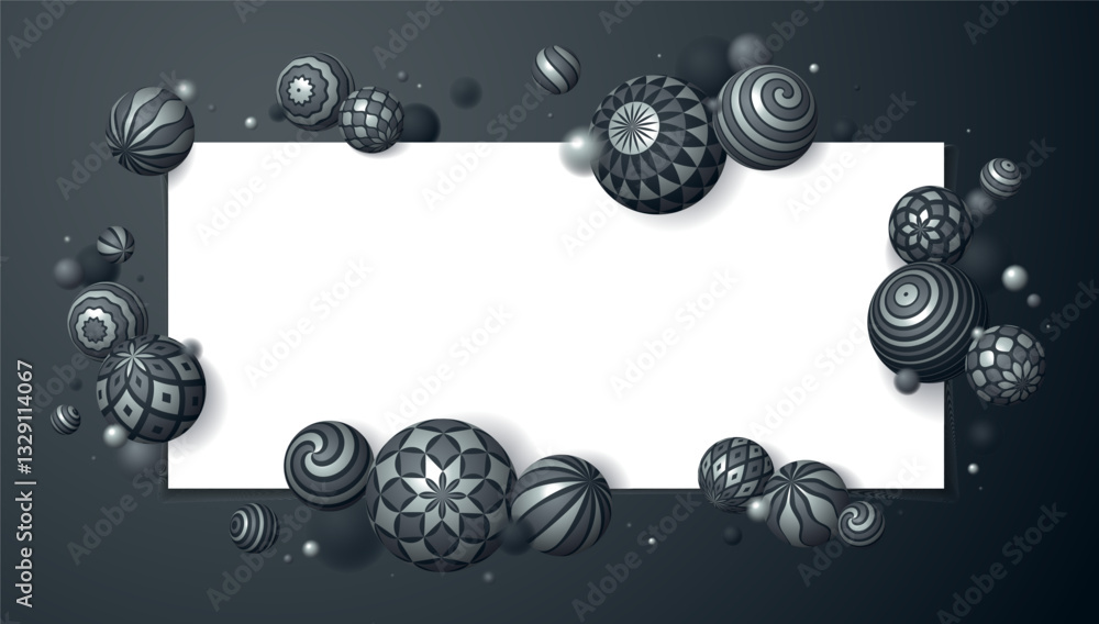 Poster realistic decorated metal spheres vector illustration with blank paper sheet, abstract background wi