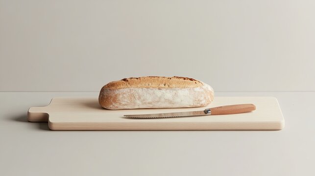 A minimalist breadboard with a single loaf of artisanal bread and a knife. digital