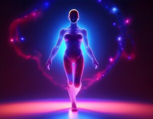 Woman walking forward into vibrant colors with stars and nebulae effect