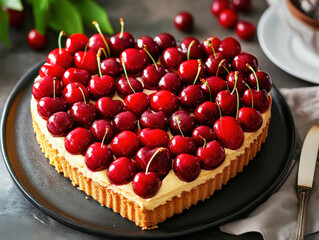 Delicious heart-shaped cake topped with fresh cherries