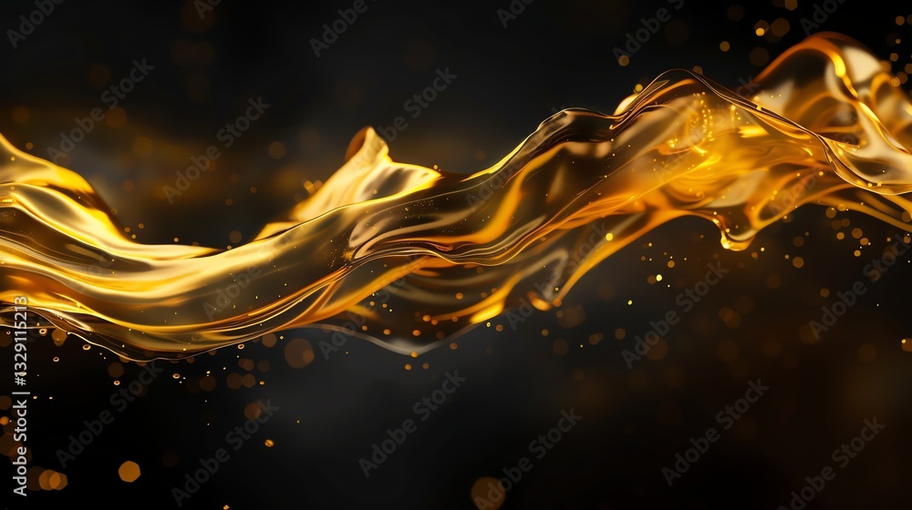 Poster an abstract image of a flowing golden liquid with light reflections.