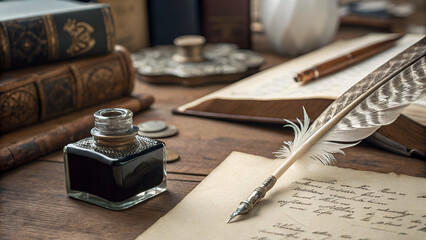 Vintage writing setup with ink bottle, quill, and old books on wooden table