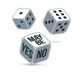 Yes or no or maybe dice rolling chance vector illustration, make a decision and say concept, undecided question idea.
