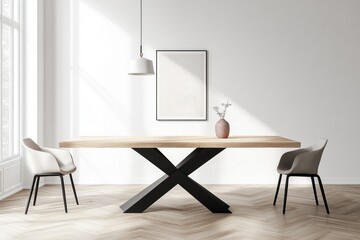 Modern dining room with wooden table and chairs.