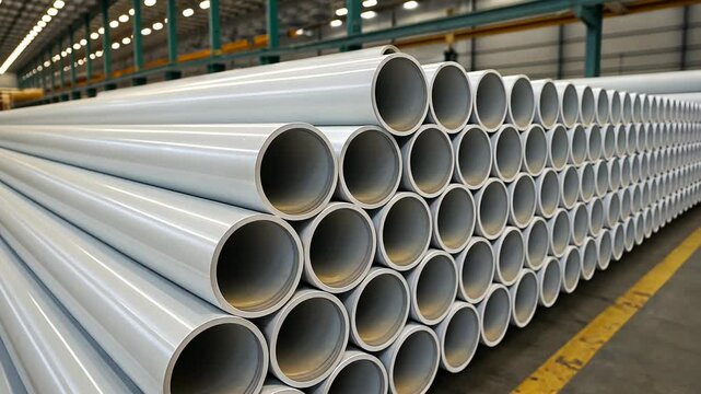 Industrial manufacturing concept, Pipes stacked in a warehouse environment