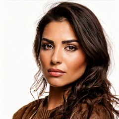 Naklejka premium A confident Latina woman with intense eyes and long waves stares assertively, her strong expression reflecting self-assurance and quiet power.