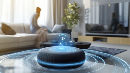 A smart speaker with voice assistant, living room with user interacting with speaker, Home-tech style