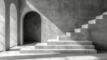 Minimalist concrete interior with steps and arches