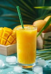 Fototapeta premium Refreshing Mango Smoothie with Ice and Straw for a Summer Treat
