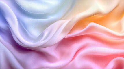 Fototapeta premium Soft, flowing fabric in pastel colors of blue, pink, and orange creates serene and elegant atmosphere. gentle waves and smooth texture evoke sense of calm and beauty