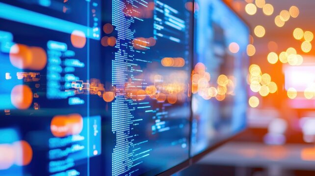 Computer screens background lines displaying code on a desk in an workspace office at night, suggesting late night coding work blurred of