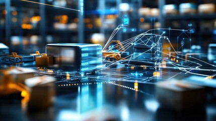 Innovative warehouse automation systems transforming supply chain management modern facility digital visualization high-tech environment aerial view future concepts