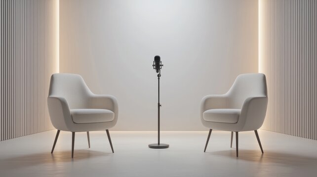 Modern podcast audio studio setup with for two empty chairs, small table, and microphone, neon light, ready circular recording