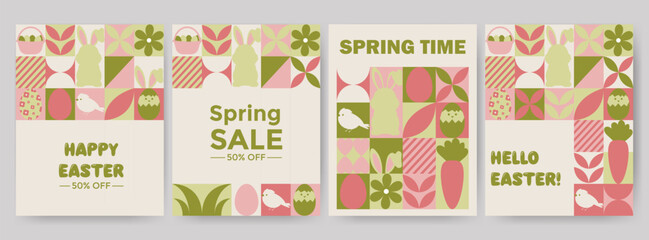 Easter flyers, banners. Easter items in simple geometric shapes, geometry minimalistic style for card, invitation, poster, flyer, web design	