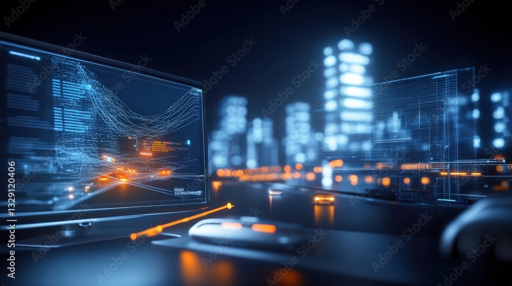 Poster data analysis action in a digital cityscape virtual environment screen capture futuristic viewpoint 