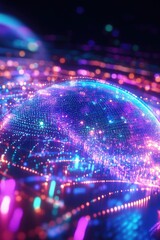 Fototapeta premium The image shows a vibrant digital illusion of a glowing sphere that blends into the dark background. The globe is intricately designed with neon-like colors and patterns, creating an abstract visual