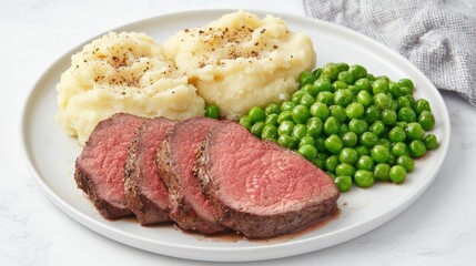 Chuck food steak concept. Classic roast beef dinner with mashed potatoes and peas