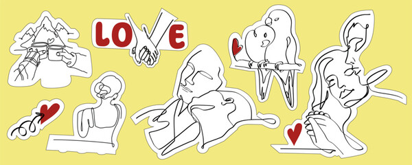 Fototapeta premium Vector romantic illustration in one line art style with lovers, hearts and hands. Valentine's Day stilkers set. Different romantic objects.