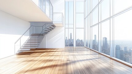 Obraz premium Modern empty apartment with large windows and city view.