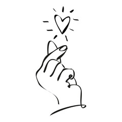 Continuous one line drawing with of hand with heart sign on white background. Black thin line of hand with heart image