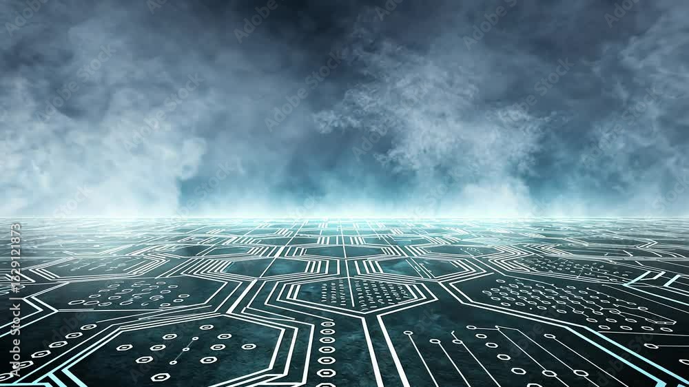 Poster futuristic and technology background concept, digital landscape with fog and circuitry patterns