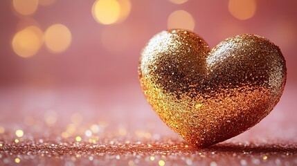 Fototapeta premium Golden glitter forming a heart on a pink background perfectly evokes love and romance, ideal for Valentine's Day and anniversaries.