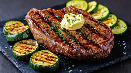 Chuck food steak concept. Juicy grilled chuck steak served with zucchini and herbs