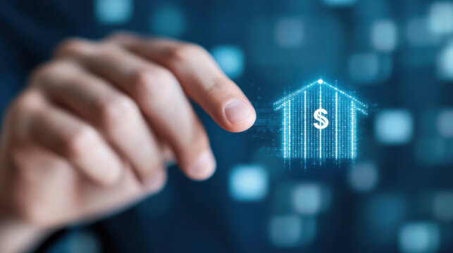 hand interacts with digital interface displaying glowing house icon with dollar sign, symbolizing modern digital banking and financial technology