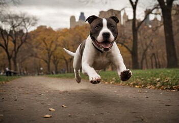 american staffordshire terrier dog running in the park of the city